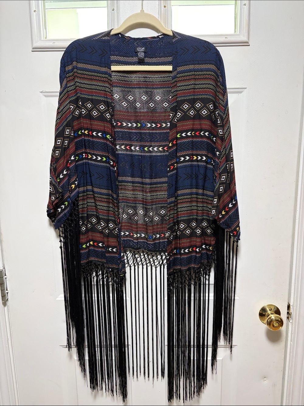 Boho Aztec Fringe Open-Front Cardigan in Navy Multi -